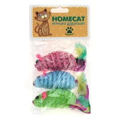 Homecat игрушка для кошек мышки полосатые с пером гремящие